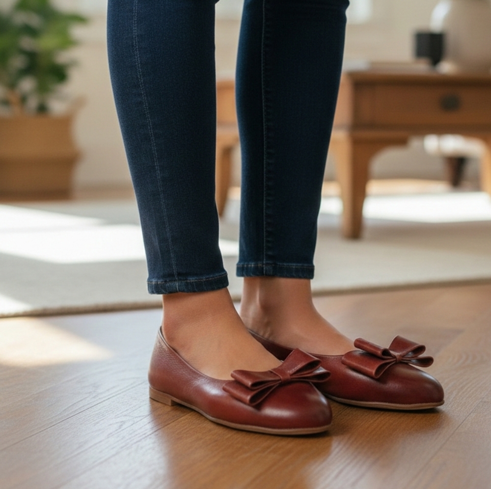 Women's Red Leather Ballet Flats with a Bow